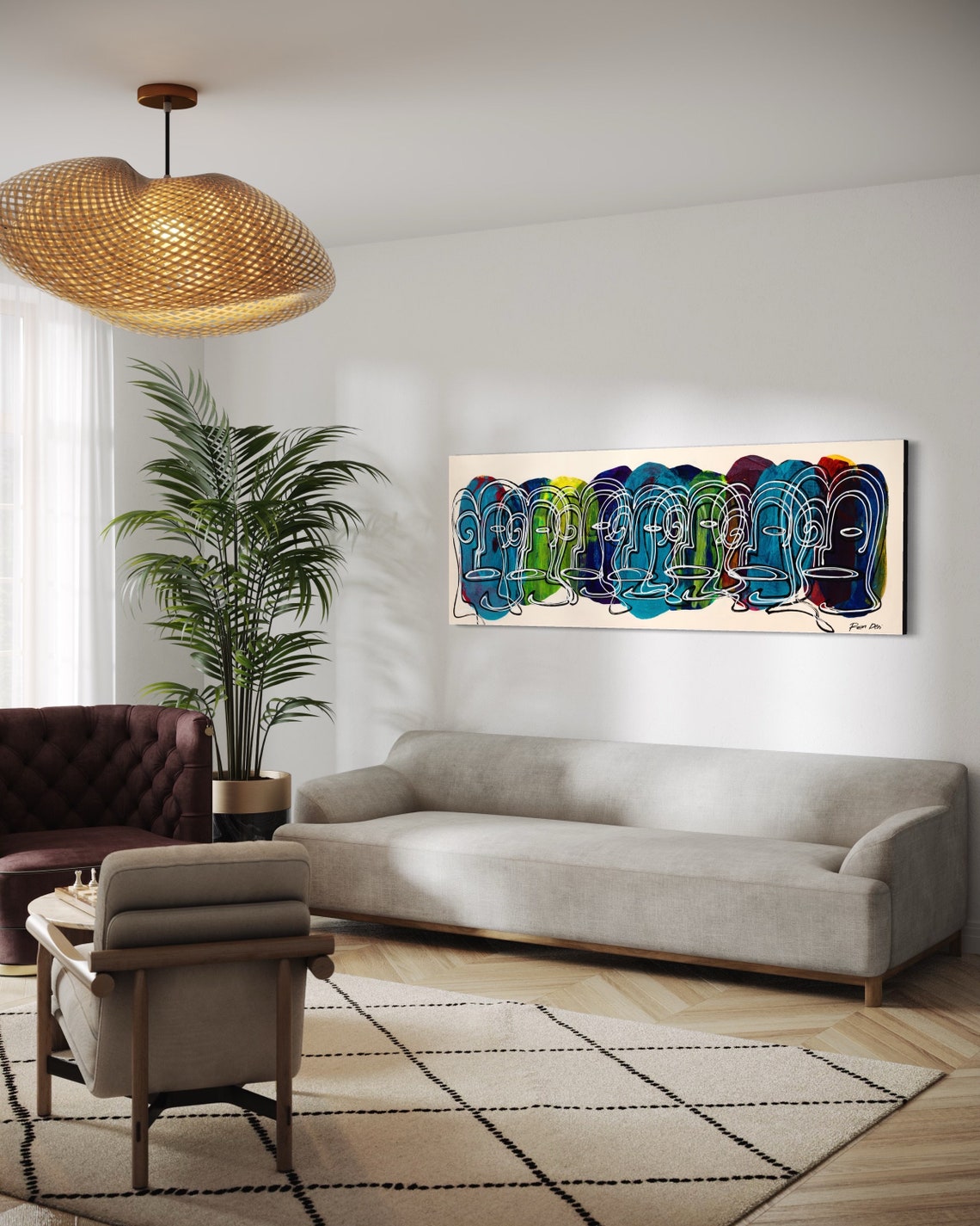 Crowd of Colorful Line Drawn Faces Extra Wide Abstract Poster - Image 4
