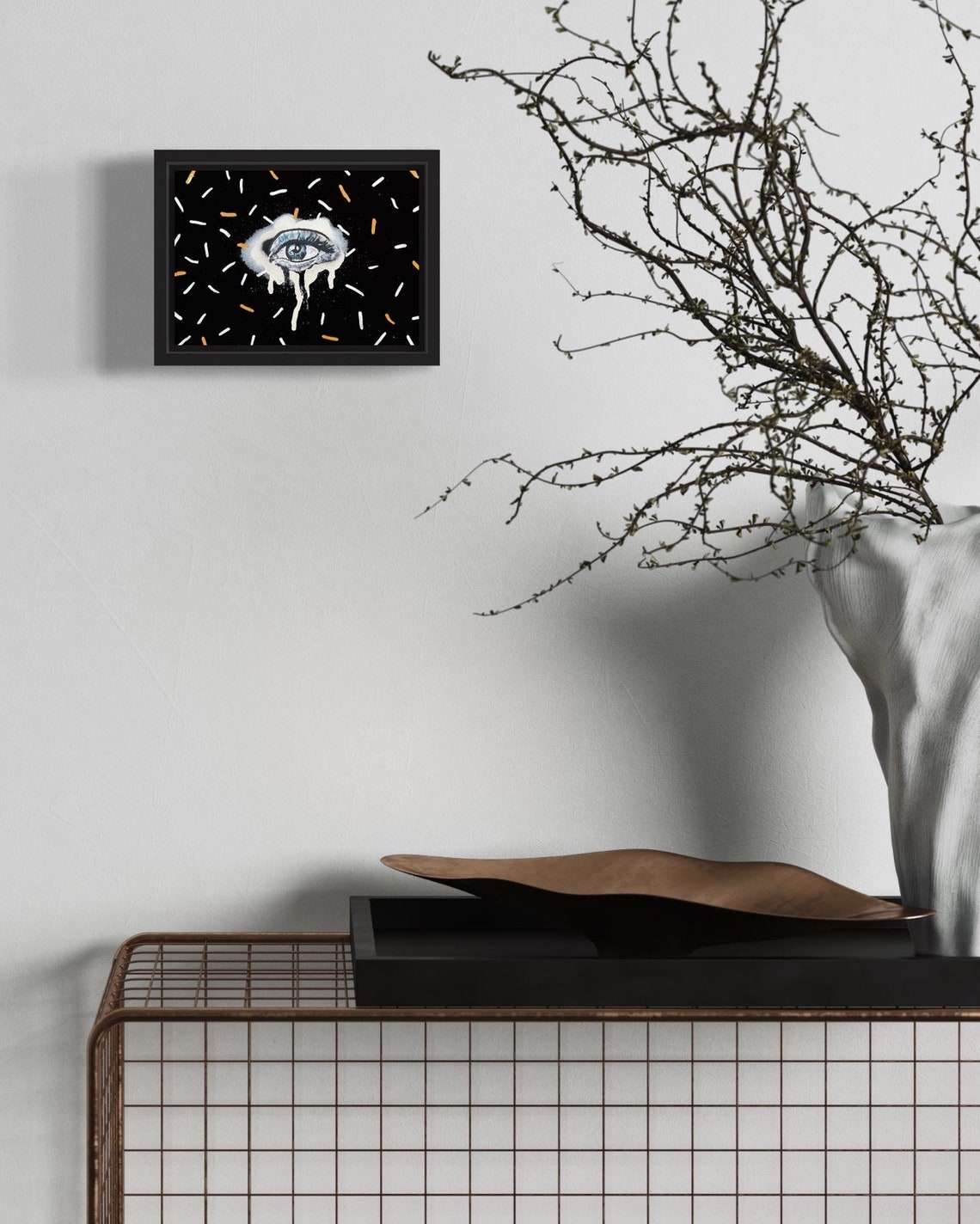Surreal Melting Eye on Black with Confetti Dashes Framed Art Poster - Image 4