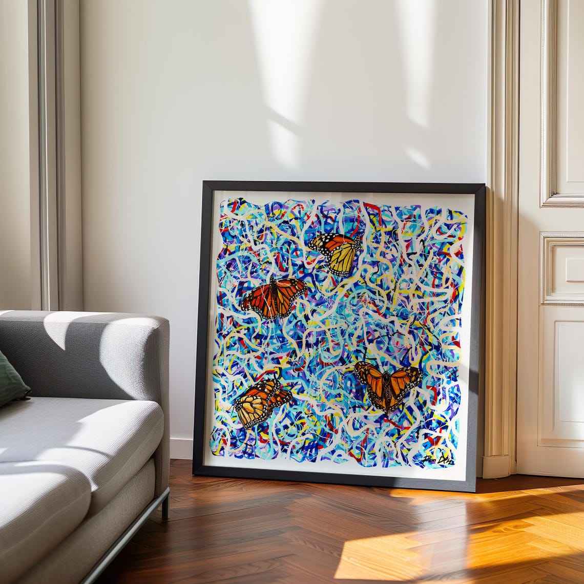 Abstract Butterflies Square Paper Art Print Modern Wall Art Decor Blue Lines Abstract Living Room Office Decor Modern Blue Wall Art - Image 5