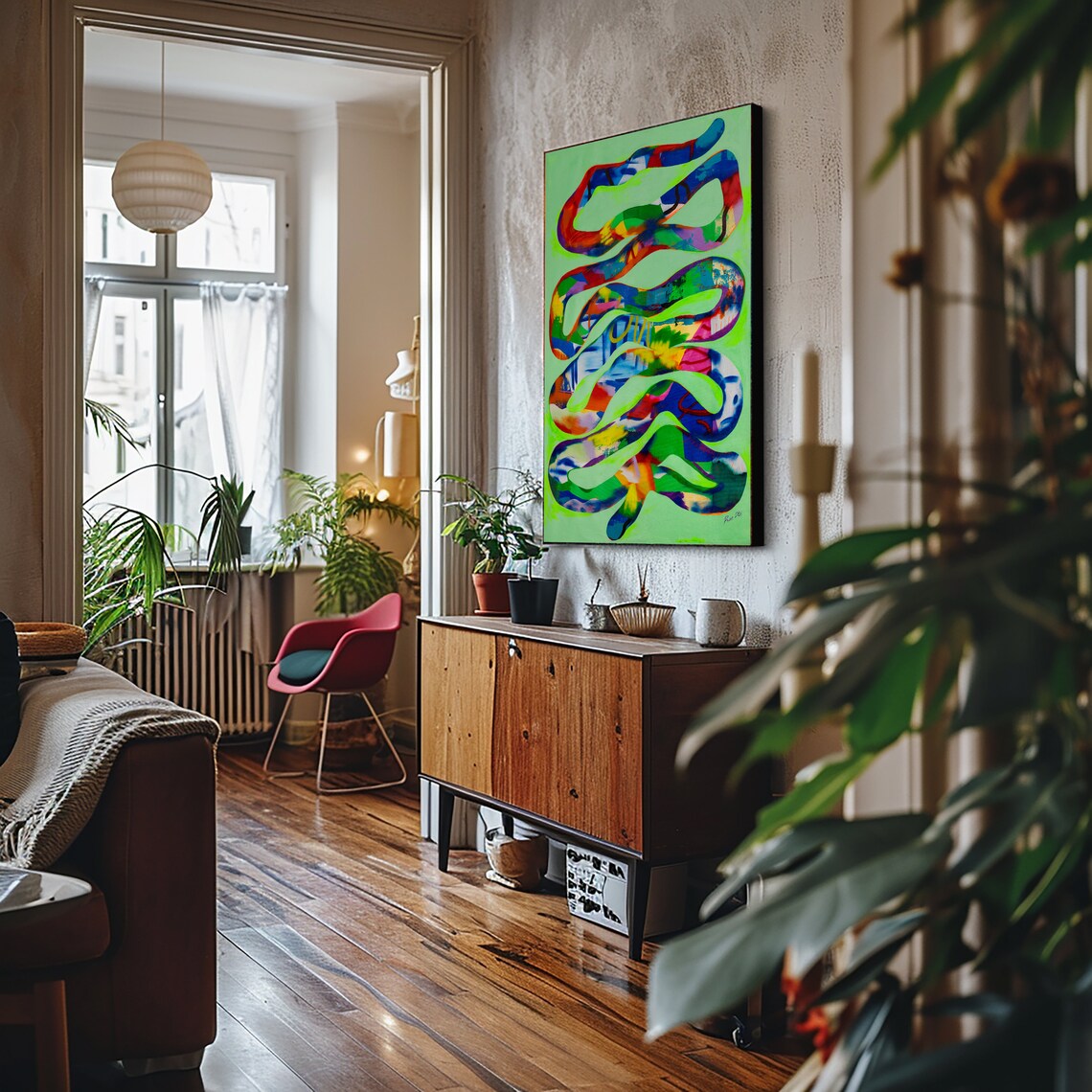 Neon Green Winding Ribbon Over Multicolor Streaks Abstract Poster - Image 4