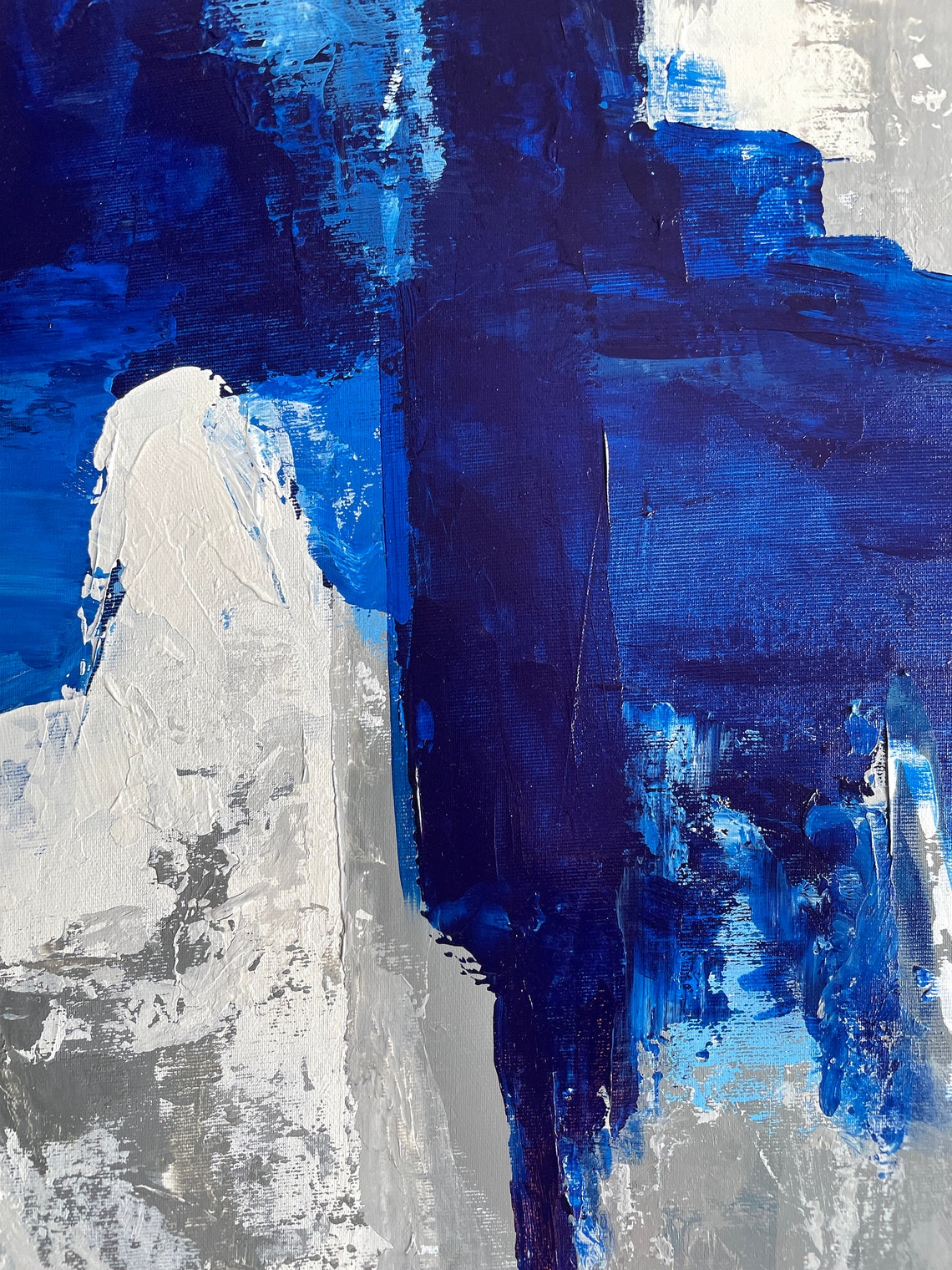 Blue White Textured Brushstroke Close-Up View Abstract Art Print - Image 4