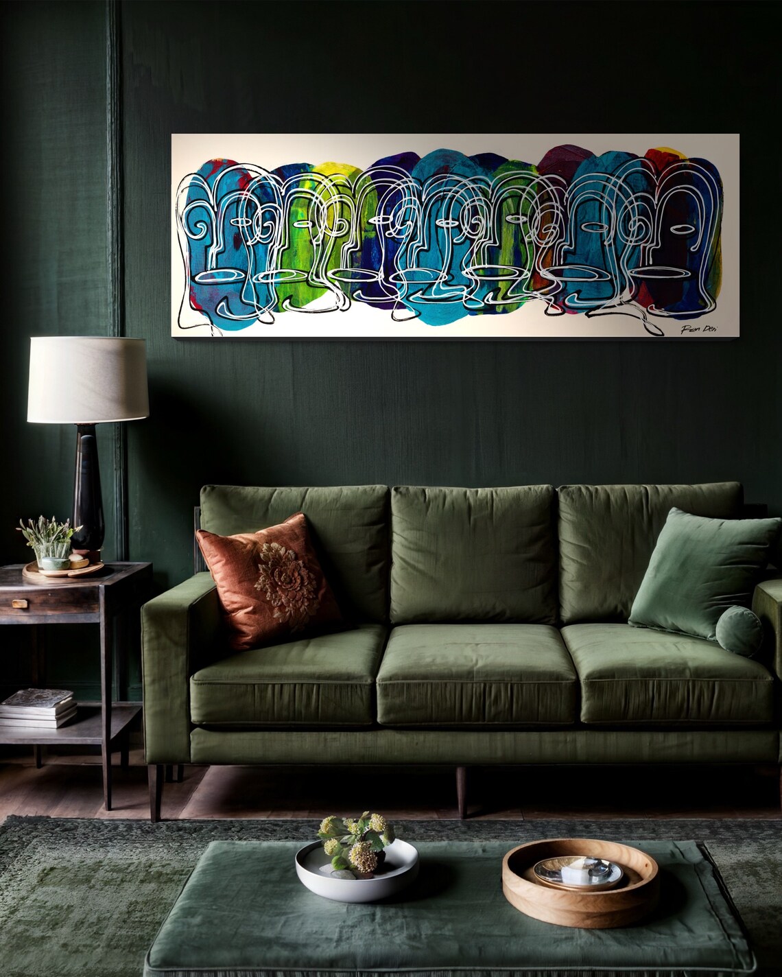 Crowd of Colorful Line Drawn Faces Extra Wide Abstract Poster - Image 2