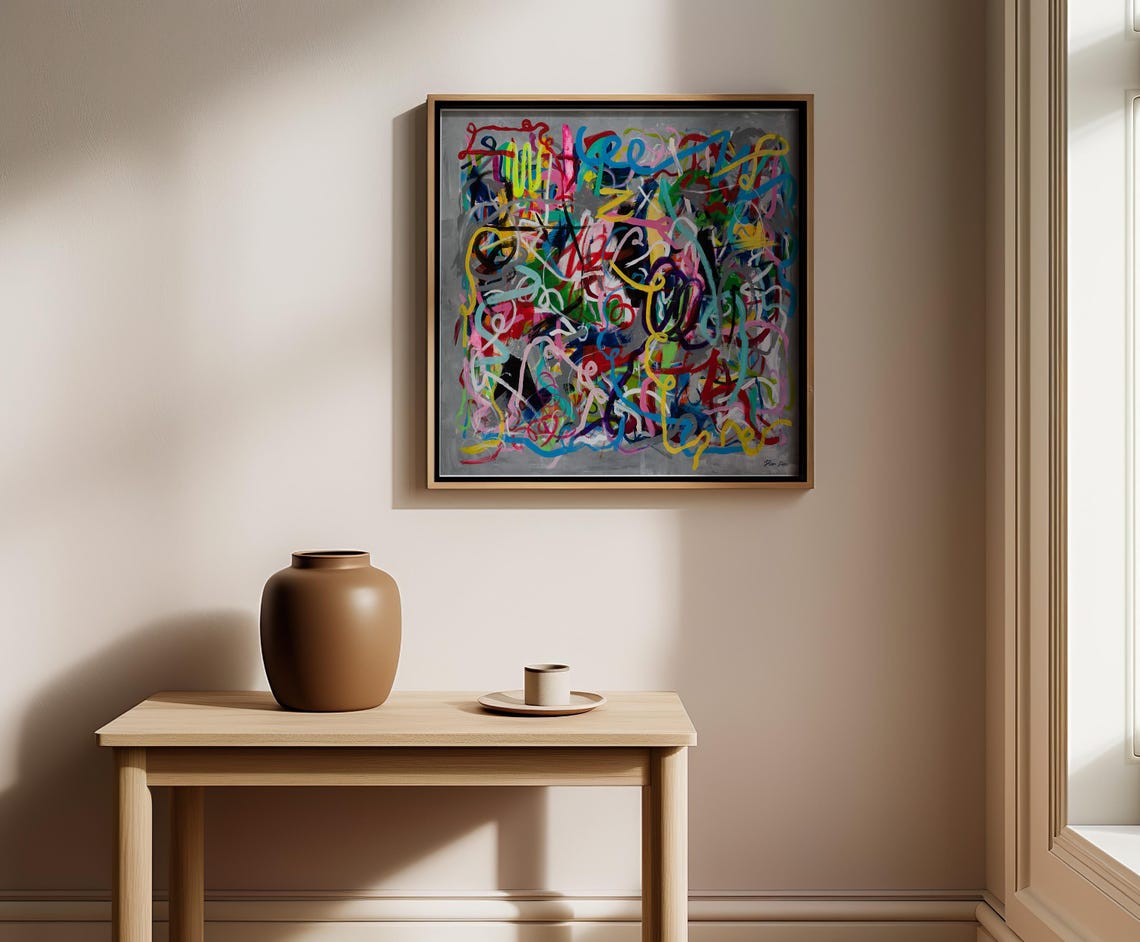 Neon Rainbow Scribbles on Gray Square Modern Abstract Poster - Image 4