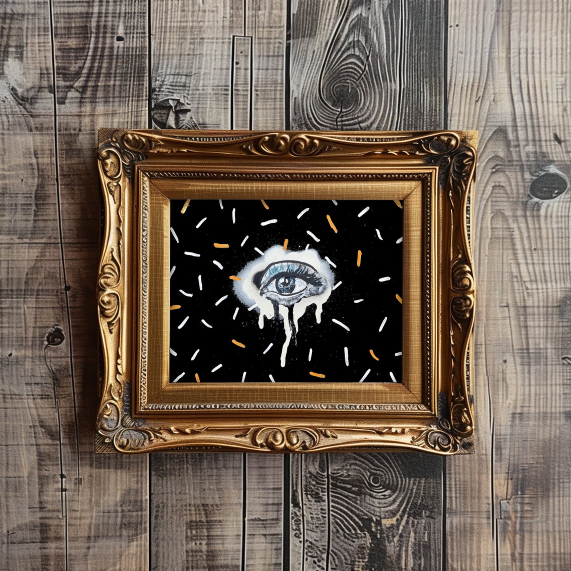 Surreal Melting Eye on Black with Confetti Dashes Framed Art Poster