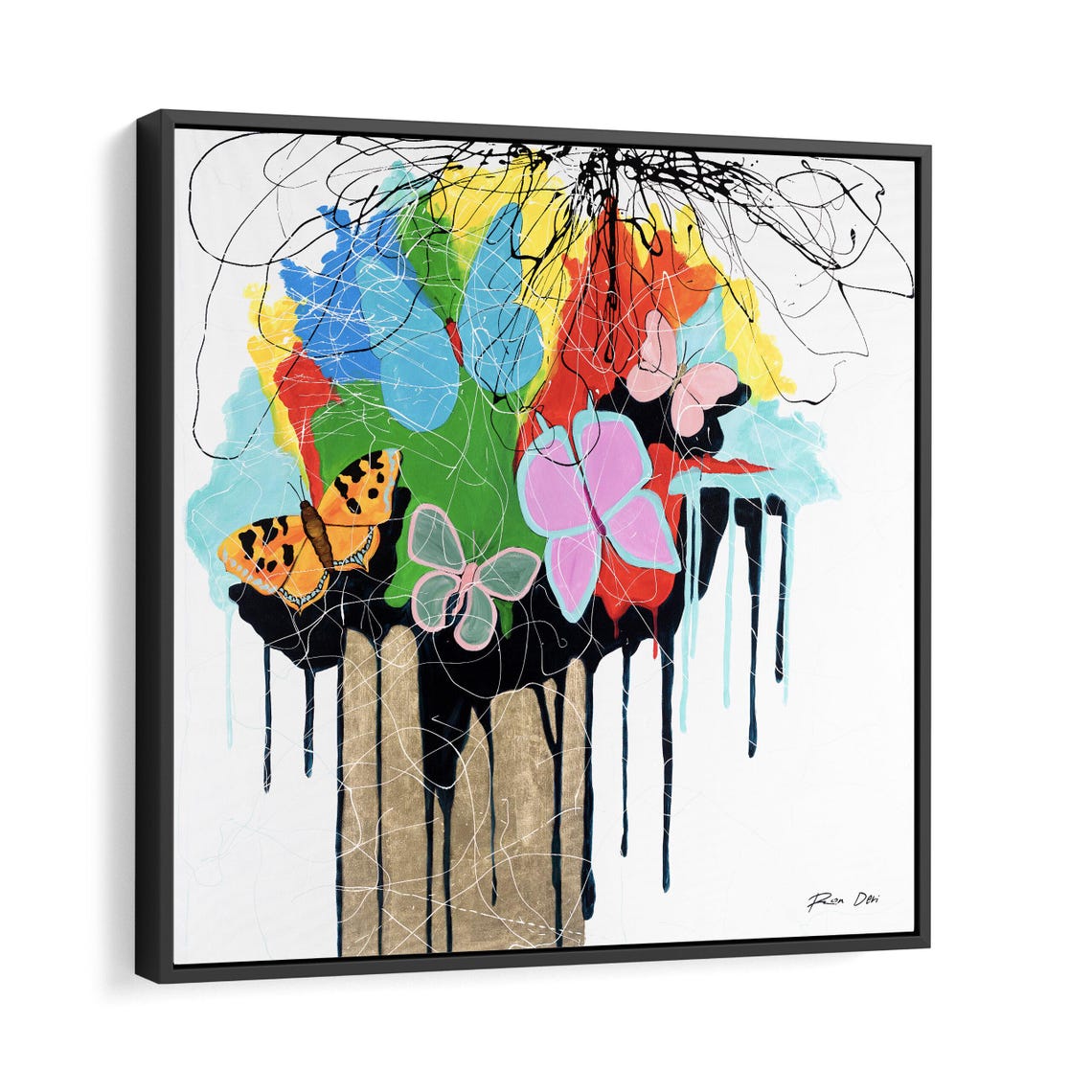 Colorful Butterflies Wall Art Large Square Apartment Decor Abstract Original Art Painting Paper Print Butterfly Painting Gold Leaf Art - Image 3