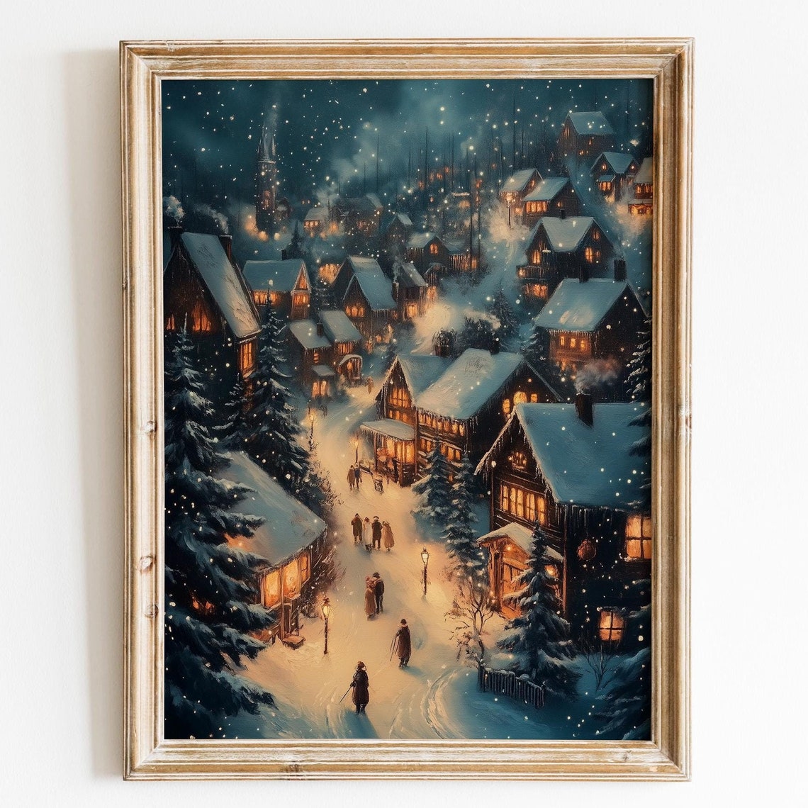 Christmas Village At Night Wall Art Snowy Winter Scene Print Christmas Houses Oil Painting With Flickering Lights Festive Christmas Eve Art