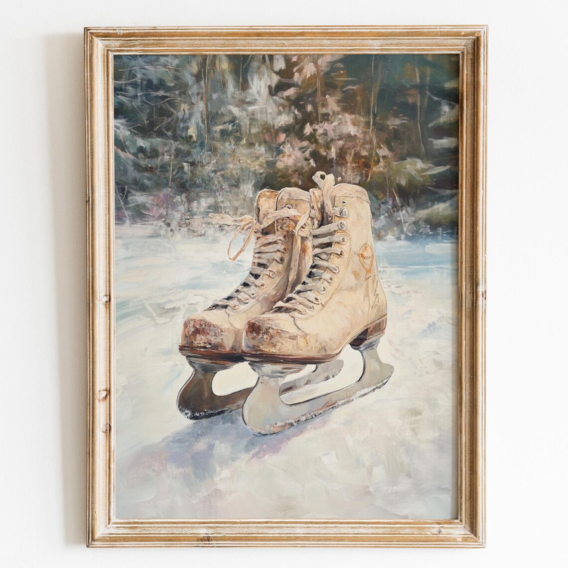 Vintage Ice Skates On Ice Winter Forest Neutral Holiday Painting Print