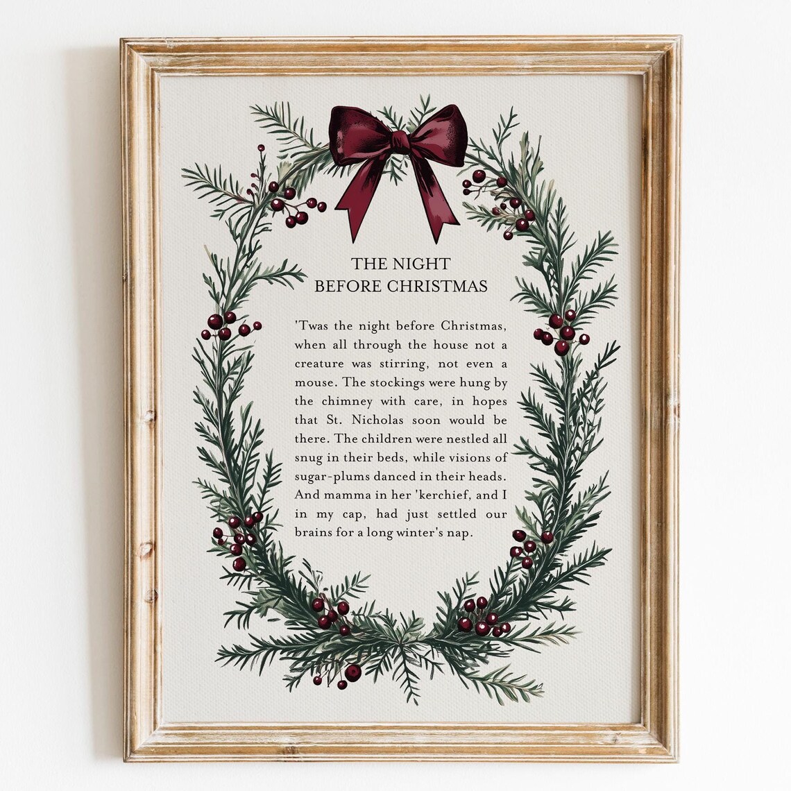 The Night Before Christmas Poem Berry Pine Wreath Burgundy Bow Print