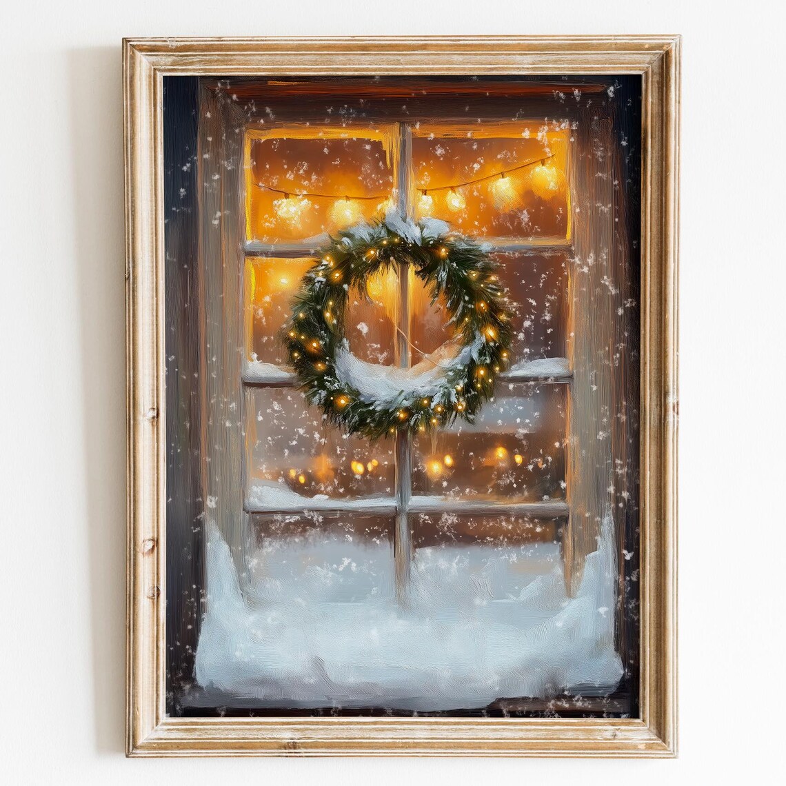 Christmas Wreath On Window Snowy Night Warm Glowing Lights Art Print