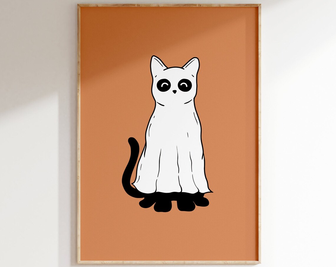 Black Cat In Ghost Costume Cute Orange Halloween Wall Art Poster