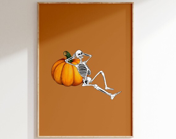 Skeleton Lounging On Pumpkin Burnt Orange Fall Halloween Poster