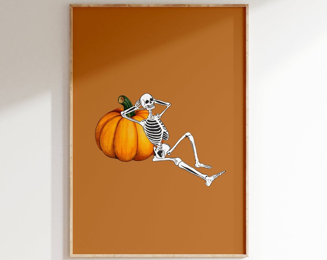 Skeleton Lounging On Pumpkin Burnt Orange Fall Halloween Poster
