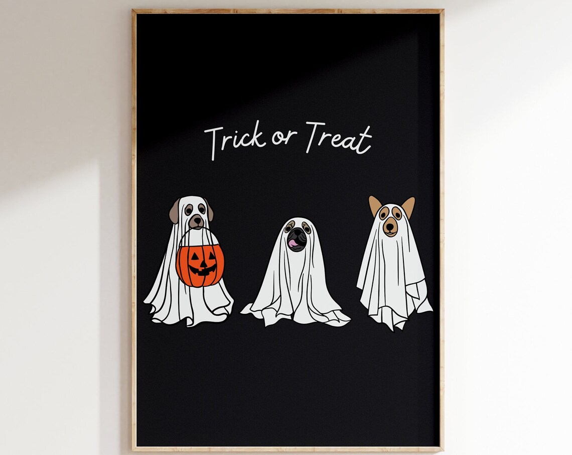 Trick Or Treat Ghost Dogs Pumpkin Black Halloween Wall Art Poster