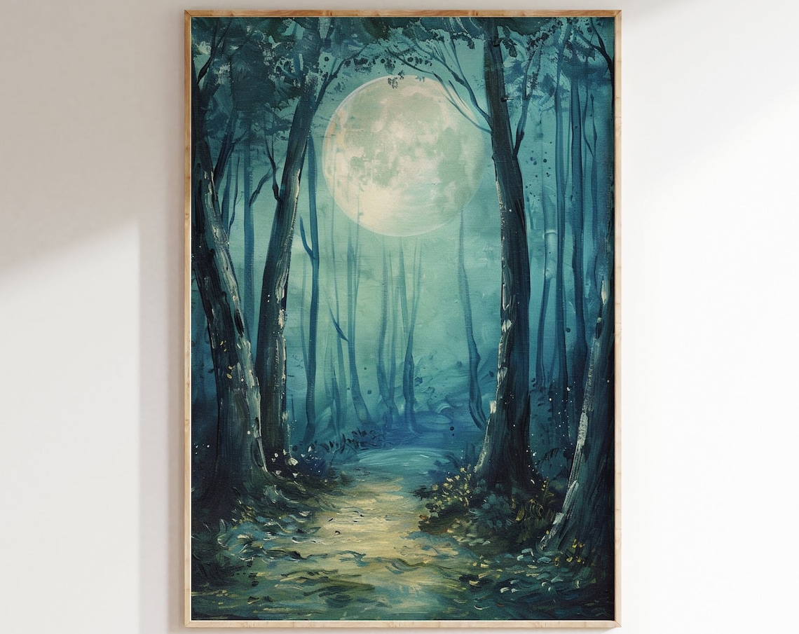 Full Moon Misty Teal Forest Path Serene Moonlit Woods Halloween Wall Art Poster