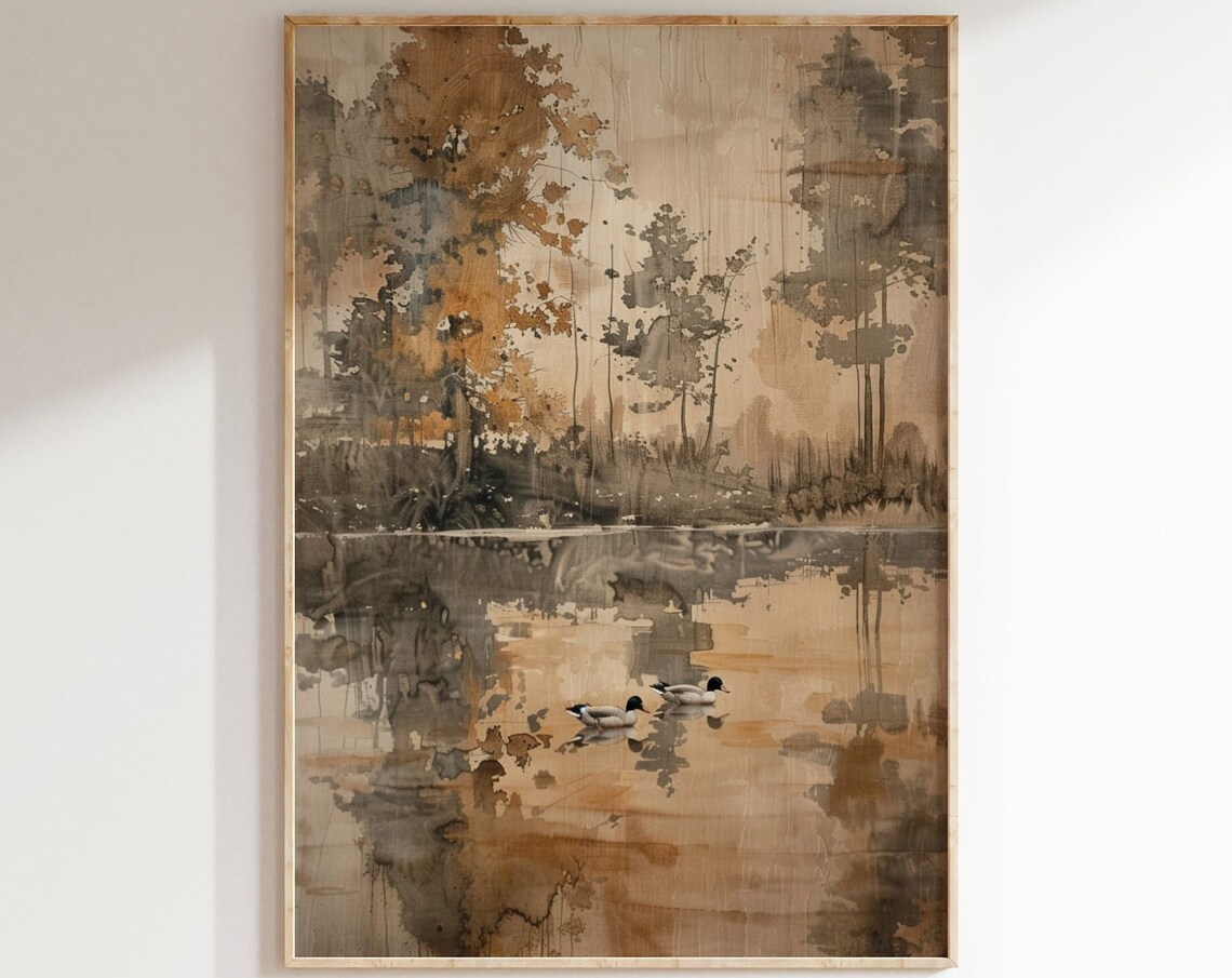 Two Mallard Ducks Calm Pond Muted Neutral Vintage Wildlife Art Poster
