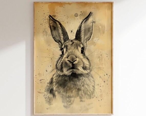Front Facing Rabbit Portrait Ink Splatter Sepia Bunny Art Print