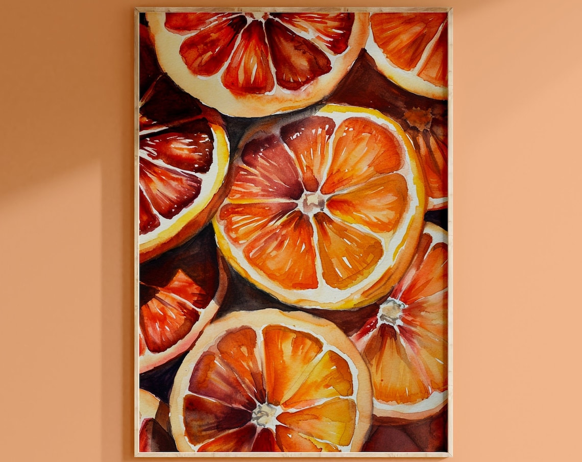 Blood Orange Print Watercolor Painting Wall Art Kitchen Eclectic Decor Slices Fruit Artwork