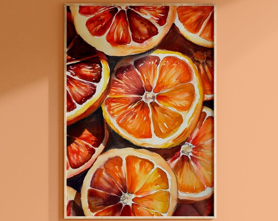 Blood Orange Print Watercolor Painting Wall Art Kitchen Eclectic Decor Slices Fruit Artwork