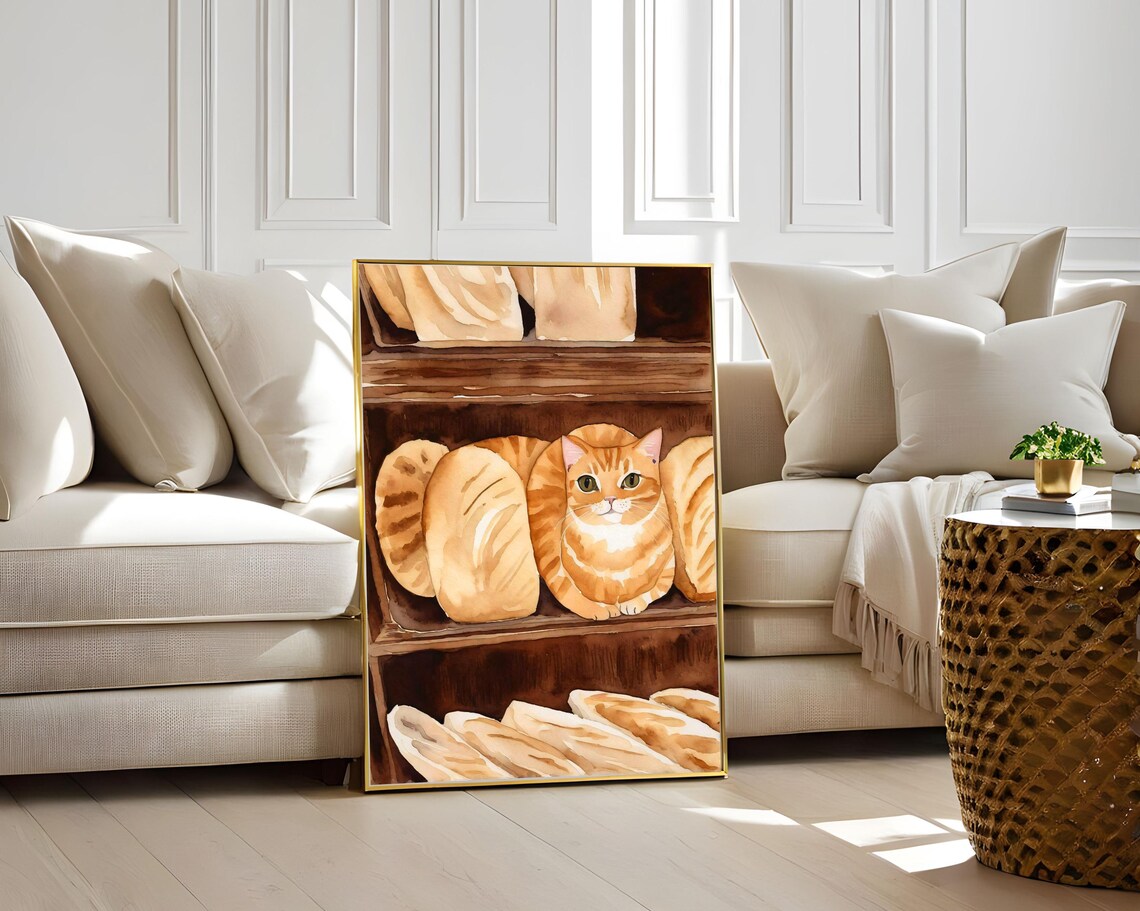 Ginger Cat Loaf Nestled Among Bread Loaves Watercolor Art Poster - Image 3