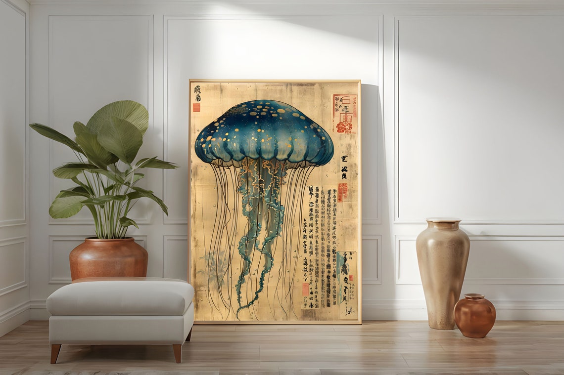 Deep Blue Jellyfish Vintage Japanese Natural History Style Poster - Image 2