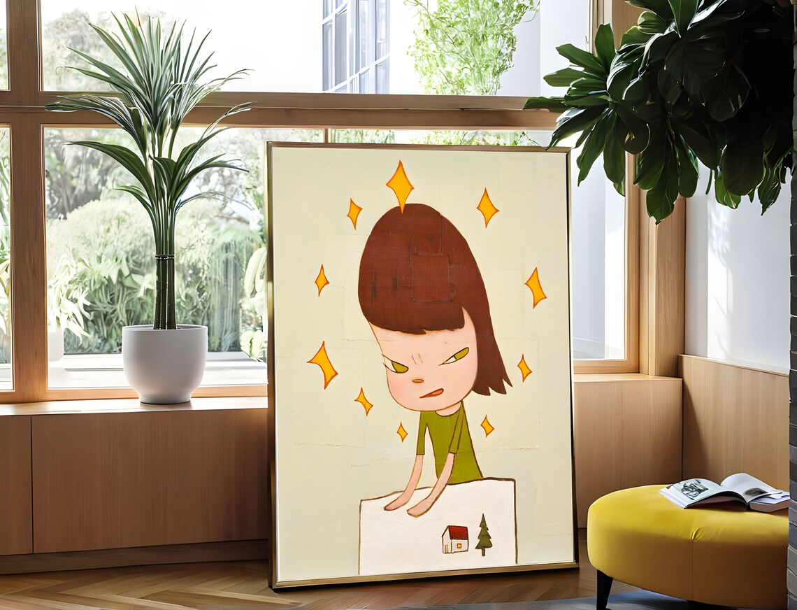 Yoshitomo Nara Angry Girl Ten Stars Sparkles Green Dress Wall Art - Image 2