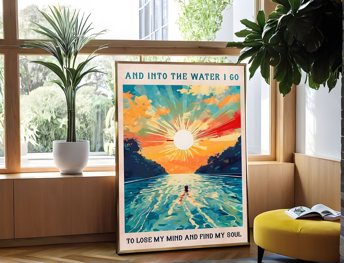 And Into the Water I Go Sunrise Swim Soul Quote Retro Art Poster - Image 3