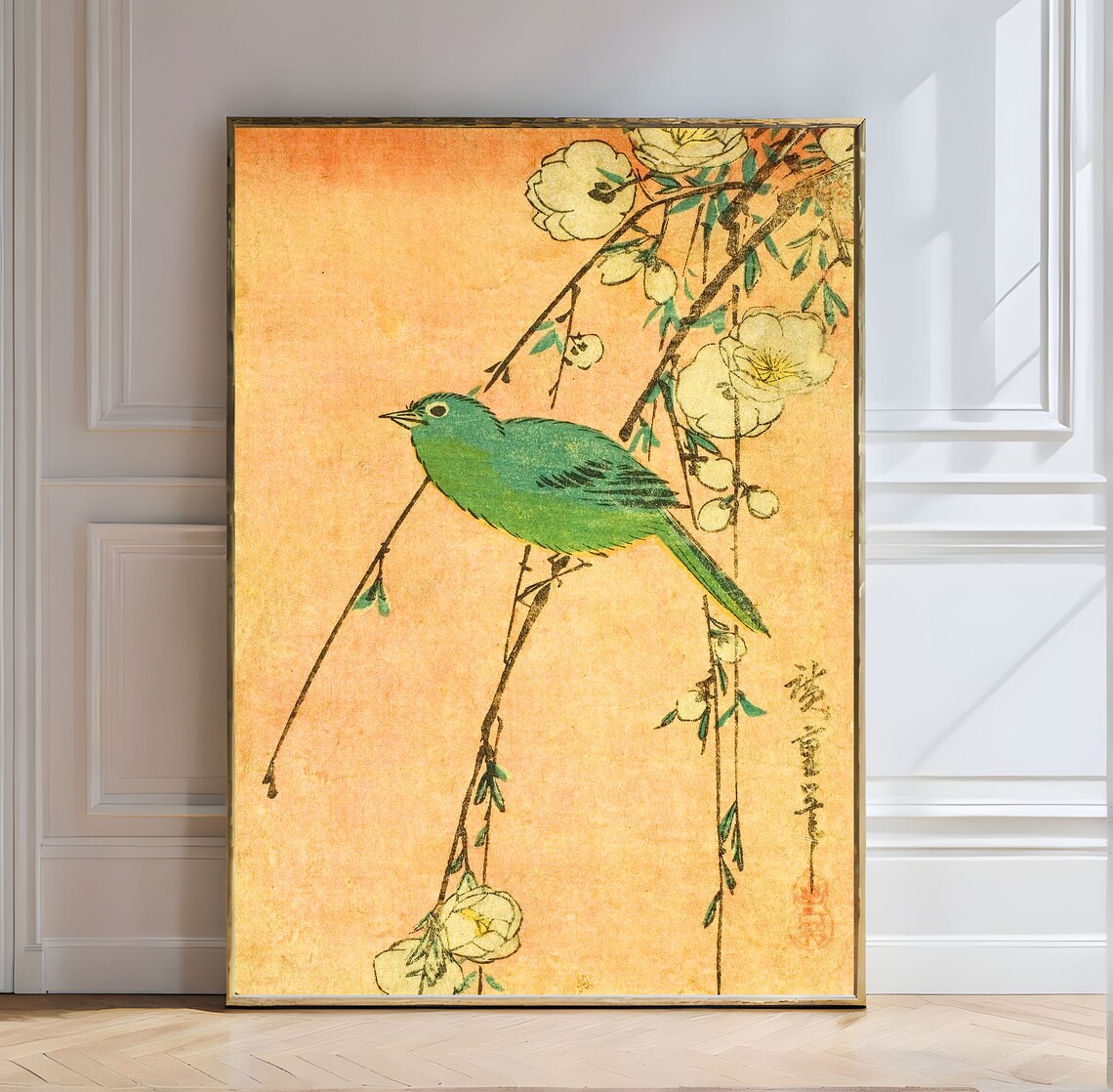 Vintage Japanese Green Bird Blossom Branch Botanical Art Poster