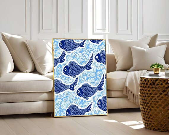 Yayoi Kusama Print Cosmic Nature Fish Design In Blue Waves Yayoi Kusama Fish Print Cosmic Nature Blue Waves Japanese Art Minimalist