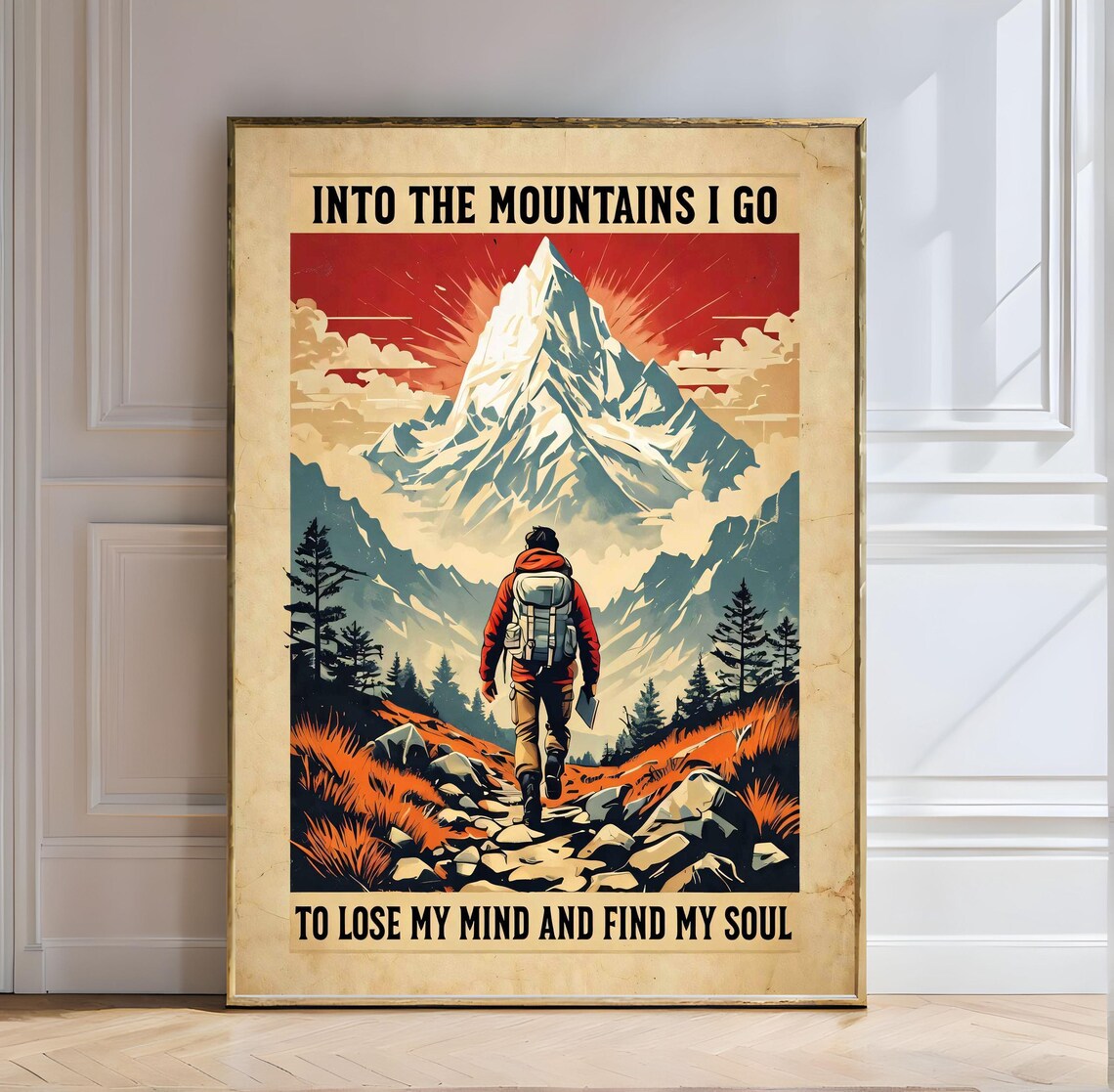 Into The Mountains I Go Vintage Hiker Snowy Peak Adventure Poster