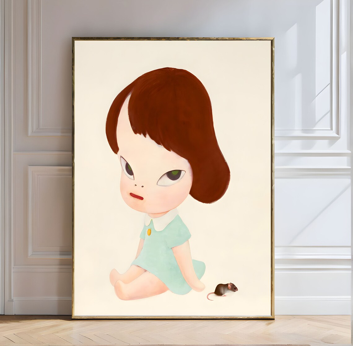 Yoshitomo Nara Girl with Mouse Mint Dress Suspicious Eyes Wall Art - Image 5
