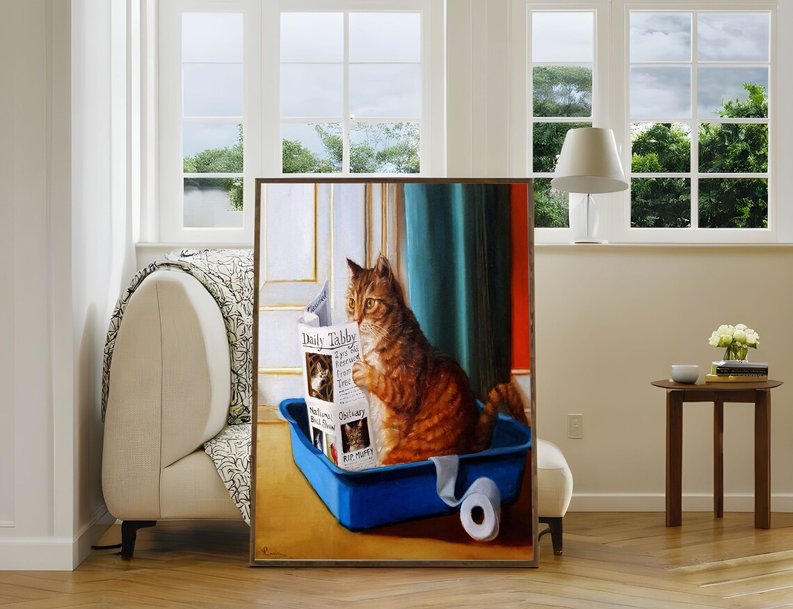 Daily Tabby Cat Reading Newspaper in Litter Box Funny Cat Art Poster - Image 5