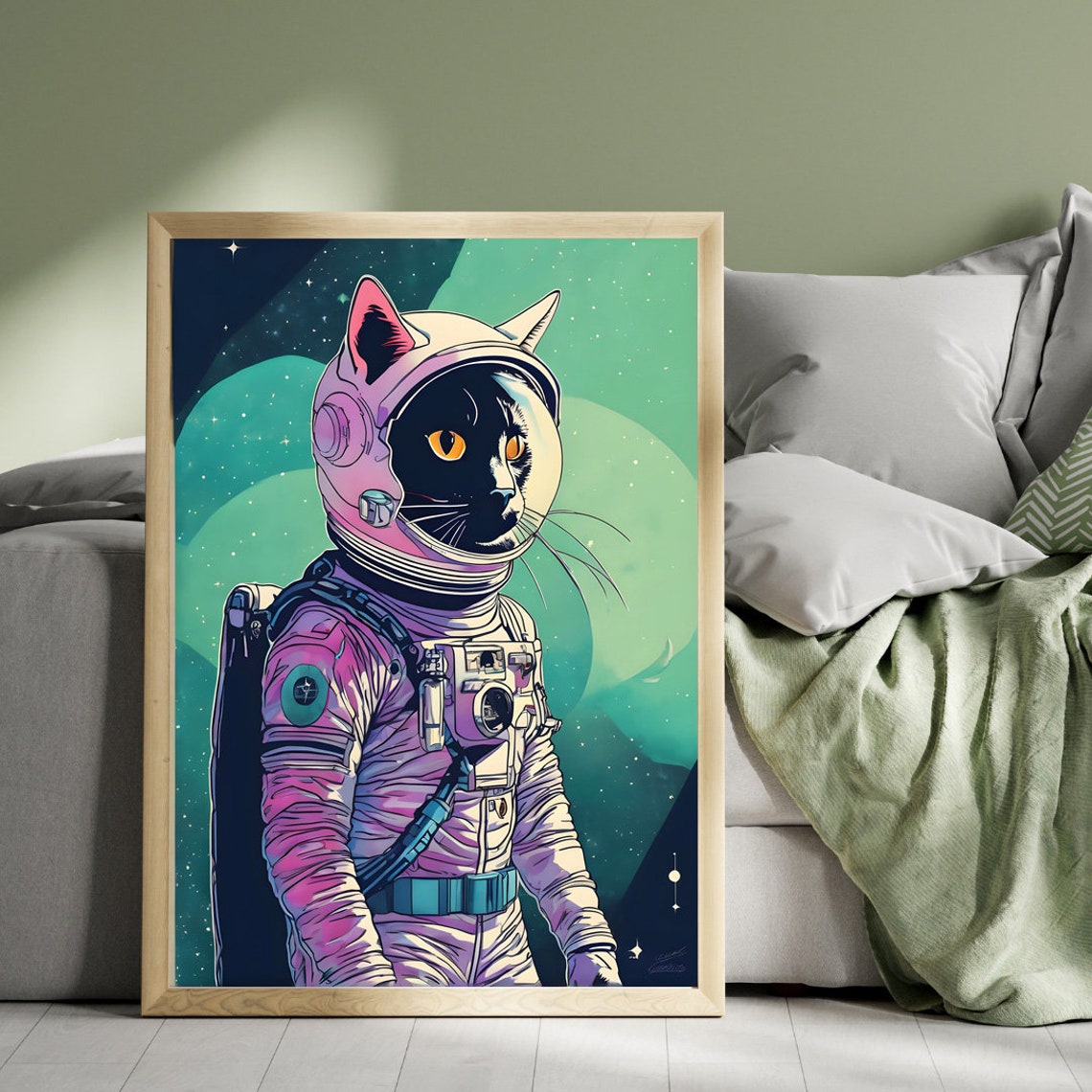Space Cat Astronaut Retro Futuristic Style Galaxy Portrait Poster - Image 2