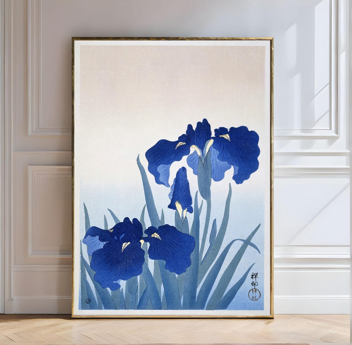 Ohara Koson Blue Iris Flowers Japanese Woodblock Style Art Poster
