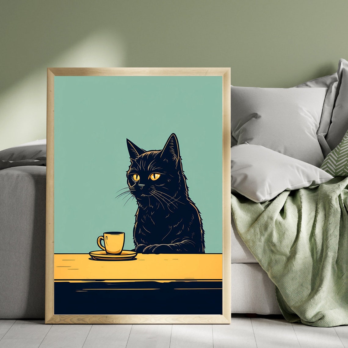 Whimsical Black Cat With Coffee Cup Mint Green Illustration Poster - Image 5