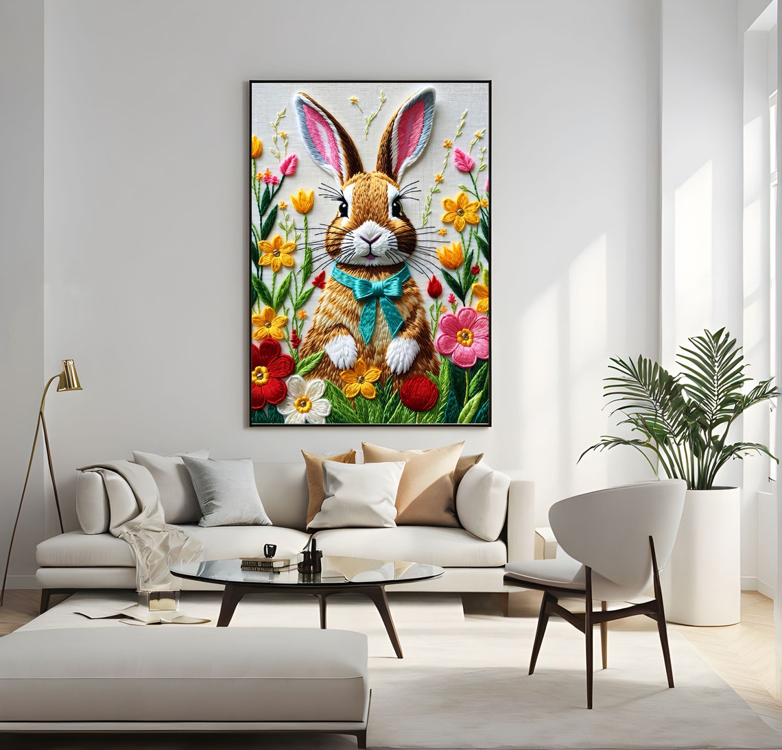 Cute Embroidered Bunny Rabbit With Blooming Flower Garden Poster - Image 3