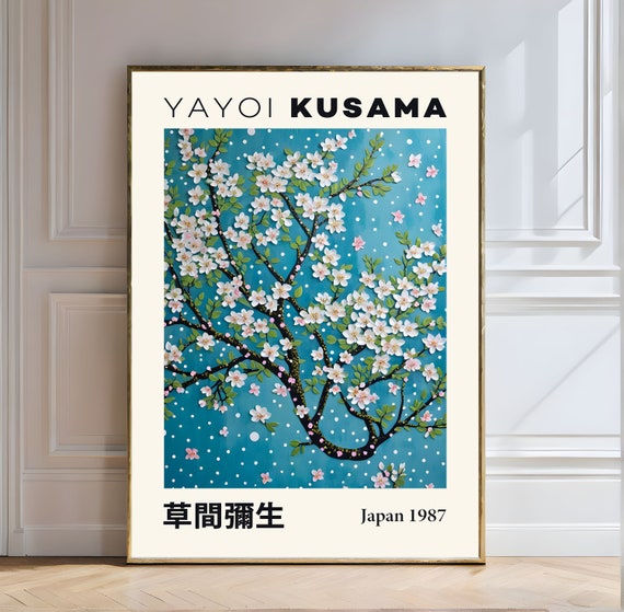 Yayoi Kusama Art Sakura Blossoms On Teal Yayoi Kusama Sakura Teal Blossoms Polka Dots Japanese Art Cherry Blossoms Modern Art