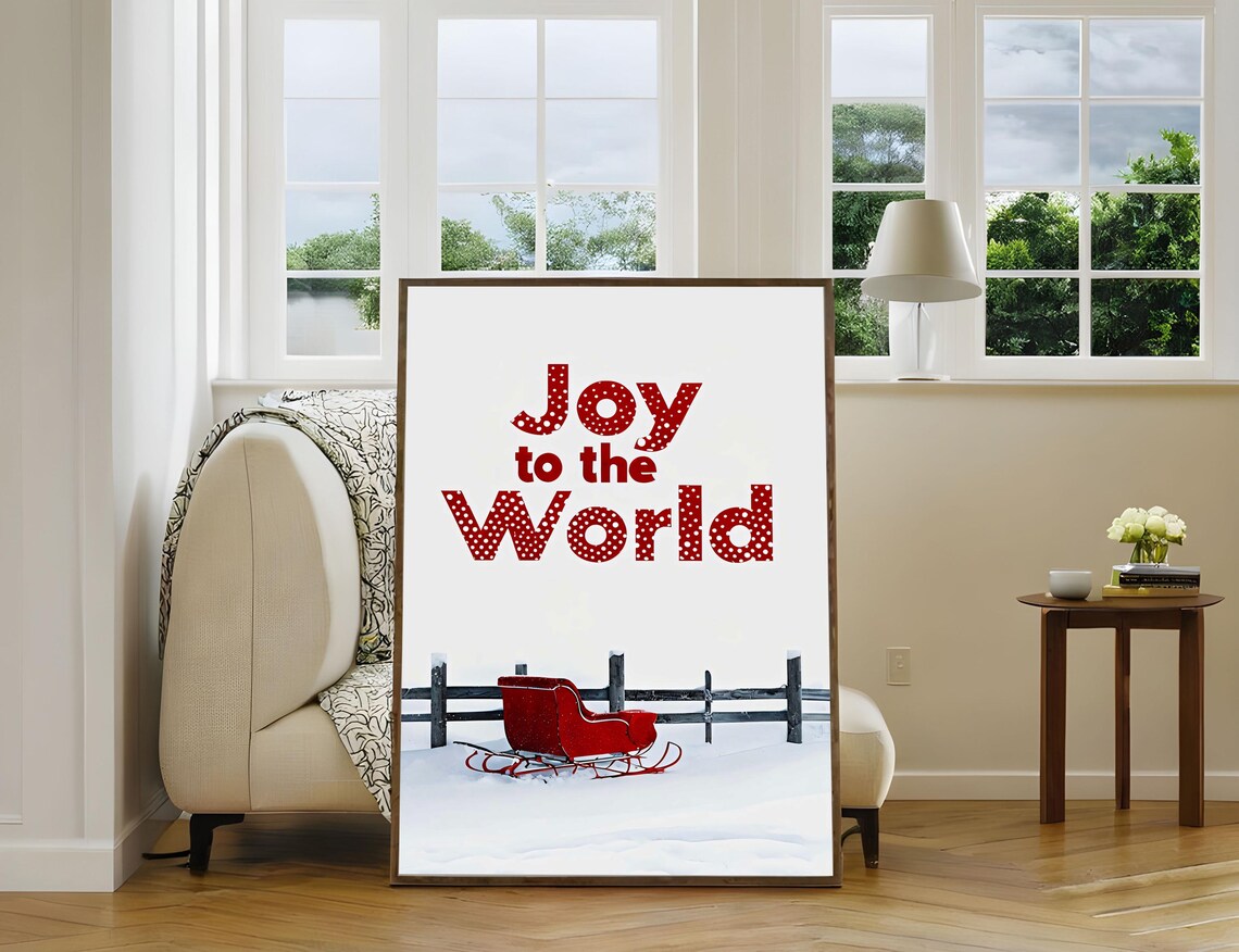 Joy To The World Red Sleigh Snow Christmas Holiday Art Poster - Image 4