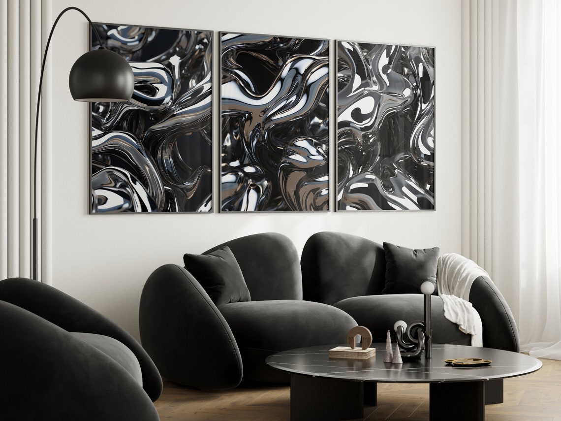 Liquid Chrome Metallic Swirls on Black Abstract Y2K Retro Poster - Image 4