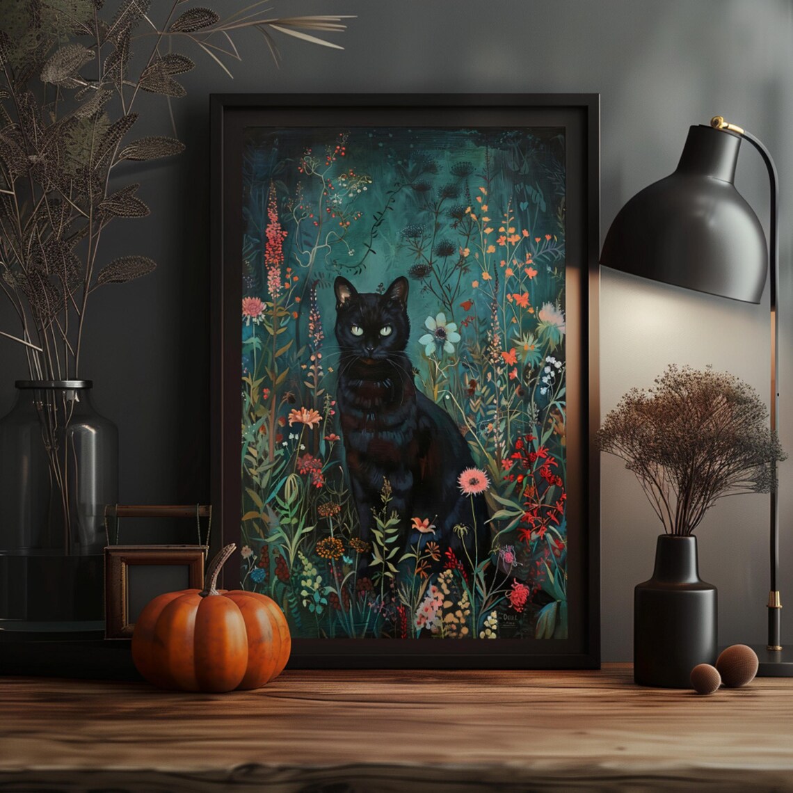 Floral Black Cat Vintage Poster, Gothic Halloween Art - Image 3