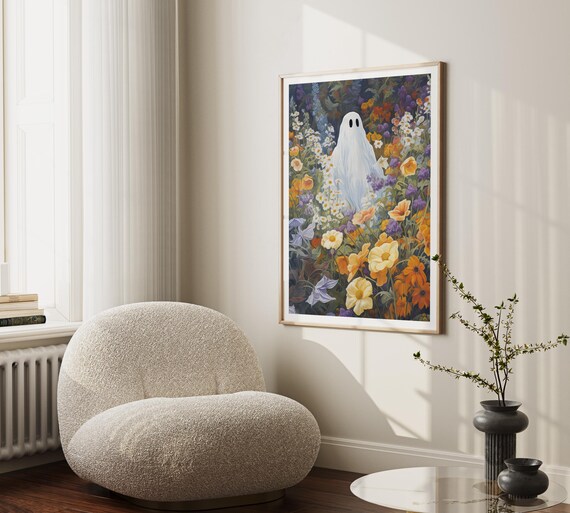 Cute Ghost Standing in an Orange Wildflower Field Halloween Poster
