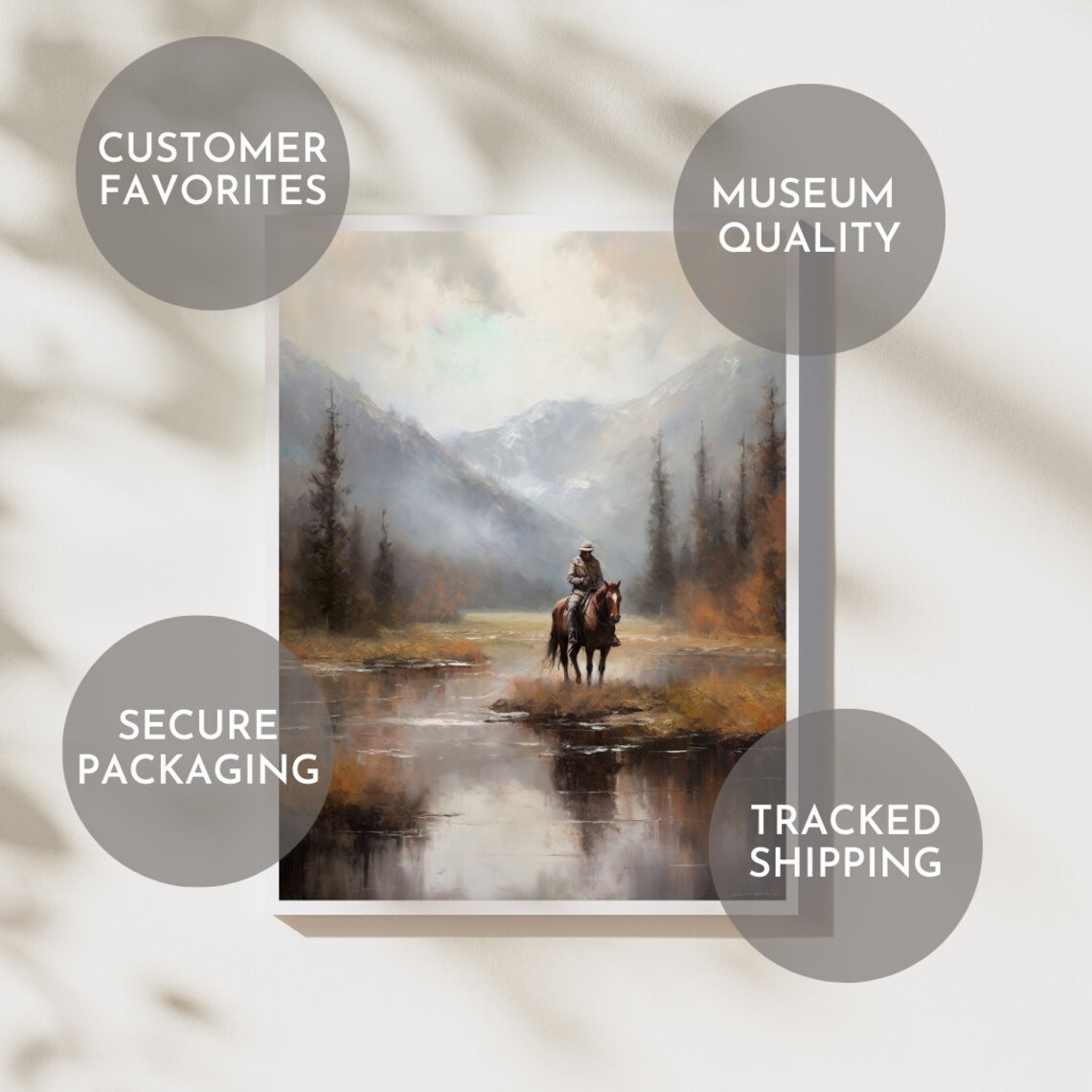 Cowboy on Horseback Crossing a Misty Mountain River Wall Poster - Image 3
