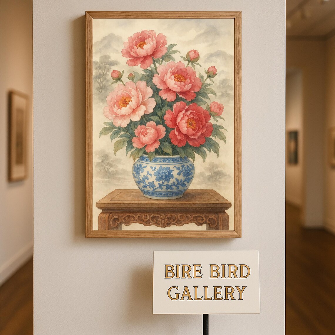 Pink Peony Blooms In Blue Porcelain Vase Traditional Chinese Poster