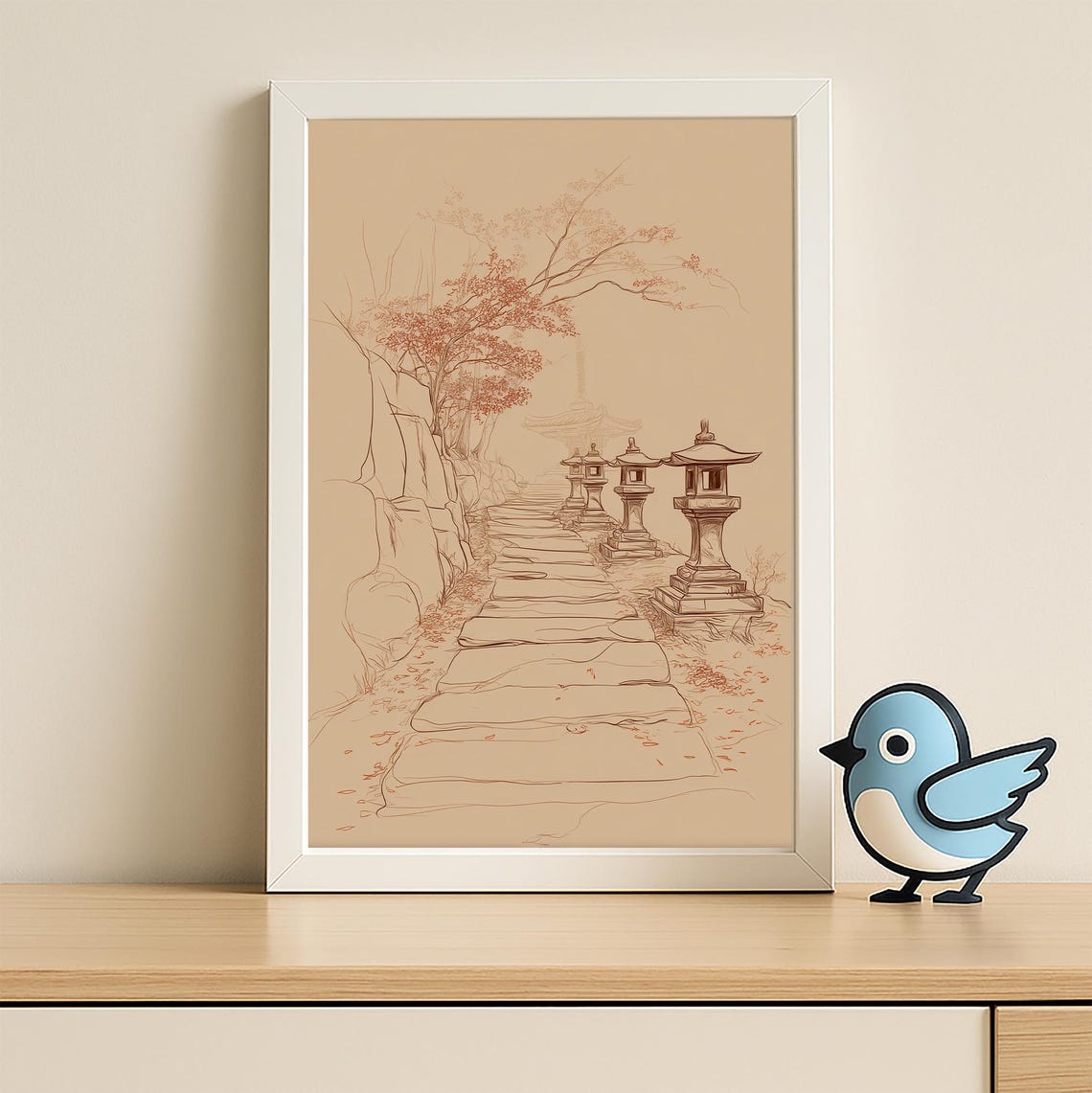 Japanese Stone Path Lanterns Cherry Blossom Temple Walk Art Poster