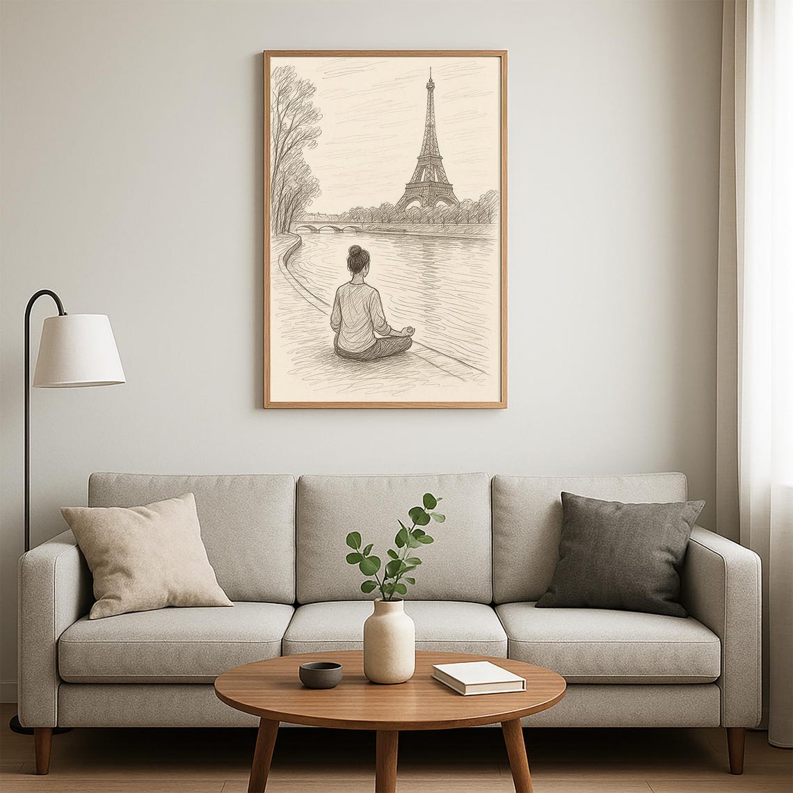 Paris Woman Meditating Seine Eiffel Tower Pencil Sketch Wall Art - Image 3
