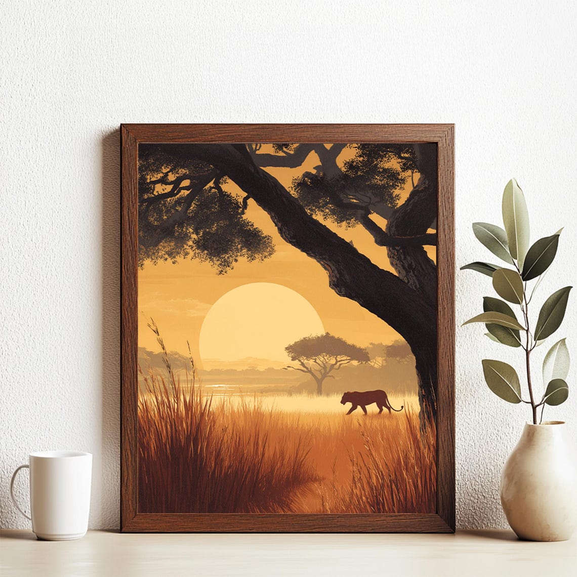 African Savannah Sunset Wild Cat Silhouette Landscape Poster