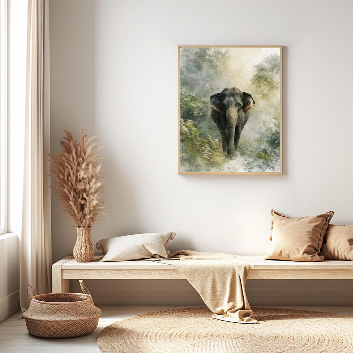 Misty Jungle Elephant Watercolor Majestic Wildlife Portrait Wall Art - Image 4