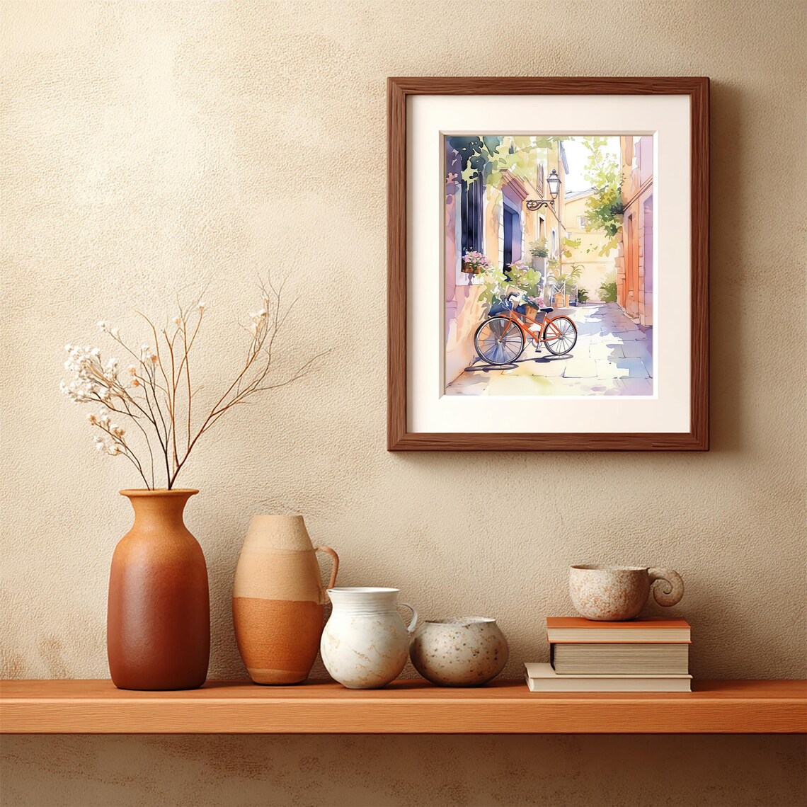 Red Bicycle Sunny Mediterranean Alley Flower Watercolor Poster - Image 4