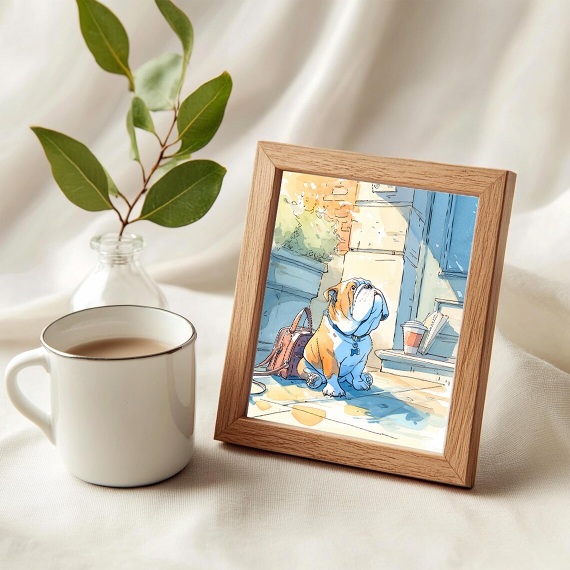 English Bulldog Watercolor Cafe Doorway Cute Dog Scene Poster - Image 3