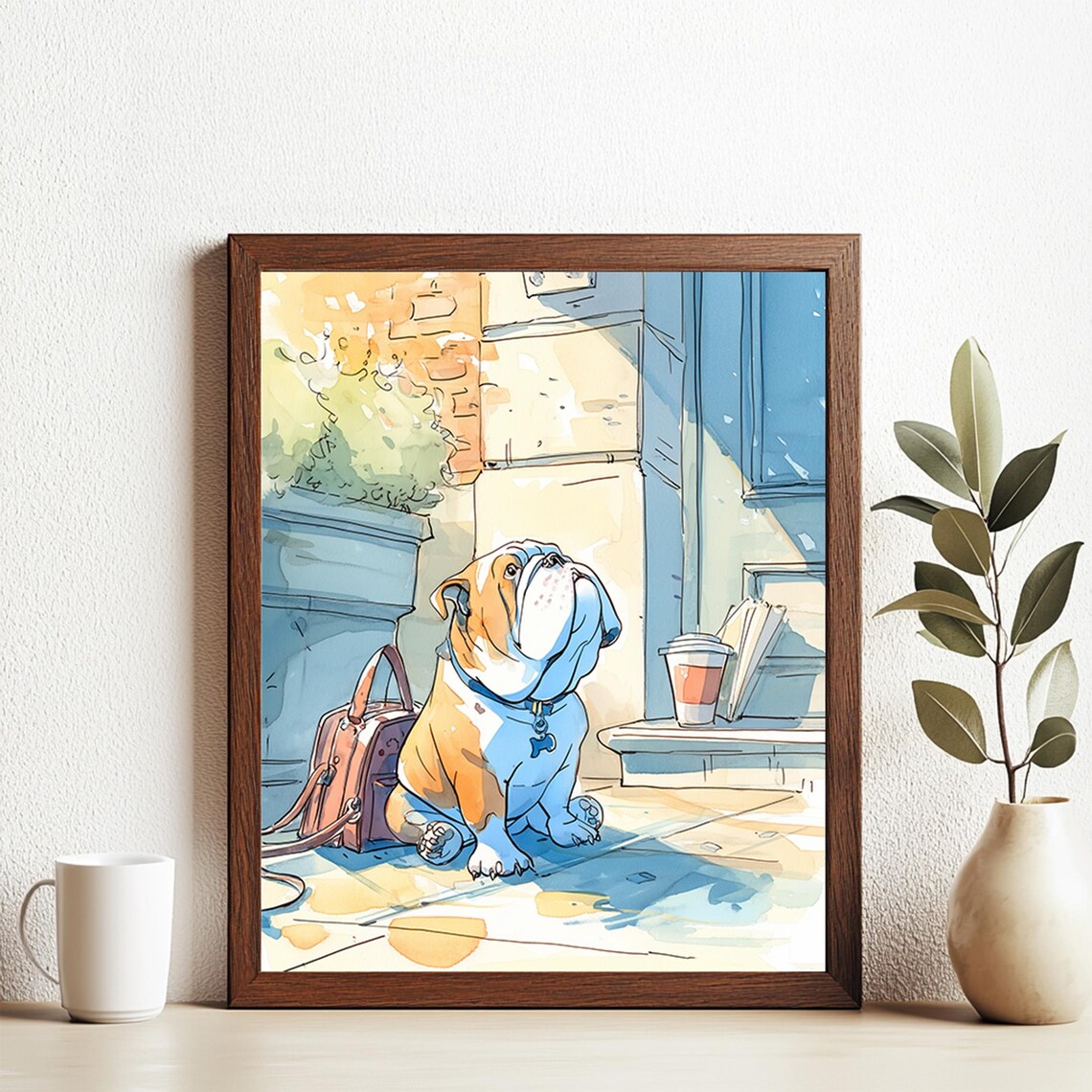 English Bulldog Watercolor Cafe Doorway Cute Dog Scene Poster