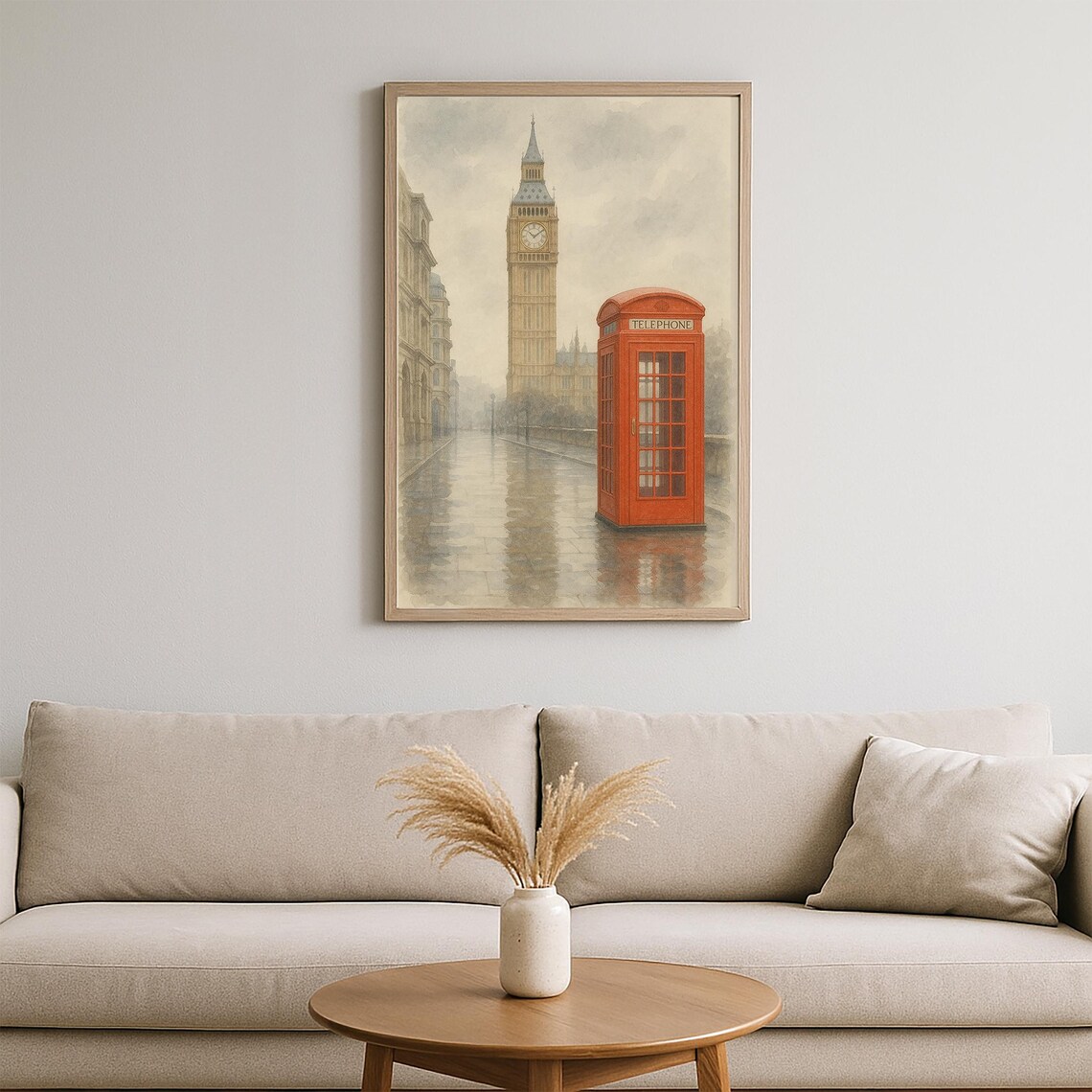 London Watercolor Big Ben Red Telephone Booth Rainy Street Poster - Image 2